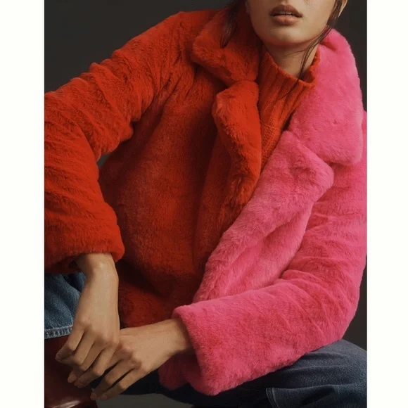 Red Pink Colorblock faux fur coat - Picture 2 of 9